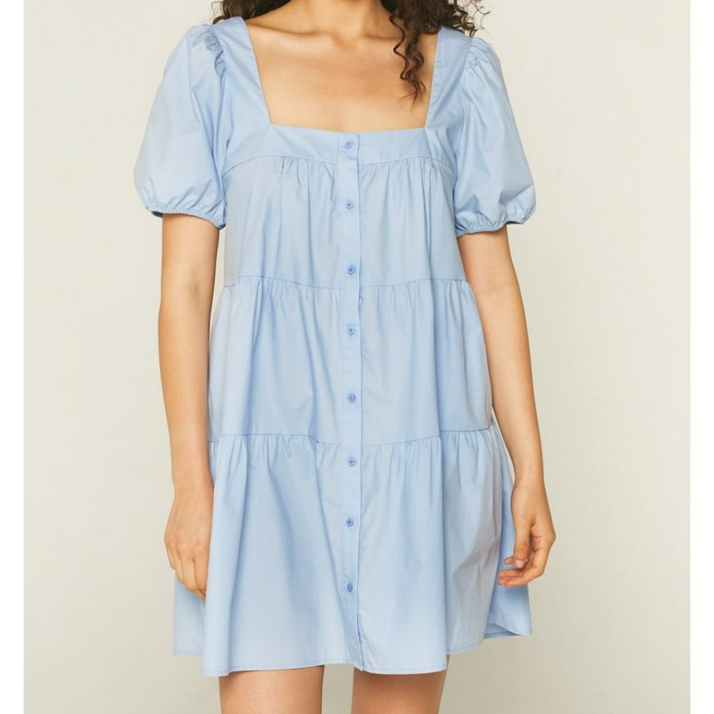 Compania Fantastica Blue Poplin Tiered Babydoll Smock Mini Dress